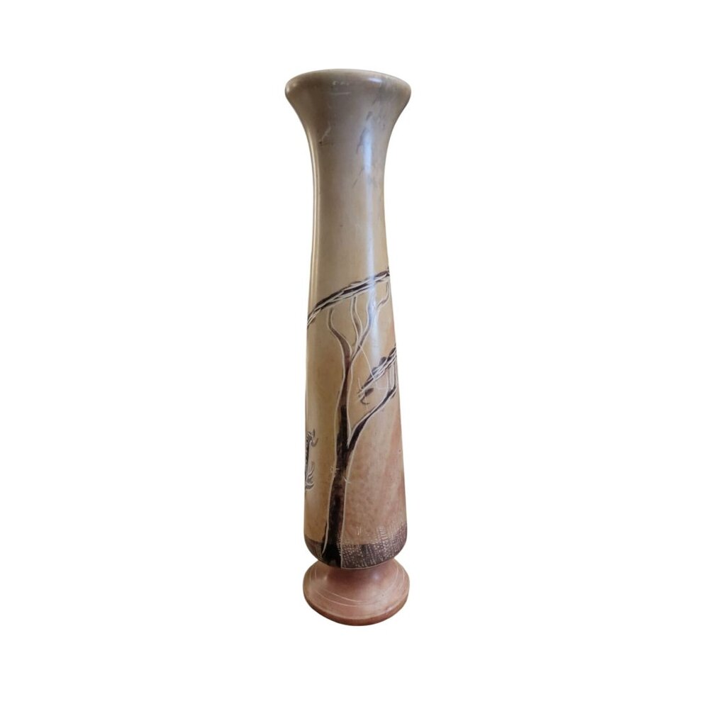 Hand-Carved Soapstone Vase w/ Elephant & Tree Motif | Pink & Beige | ~7" - Picture 3 of 7